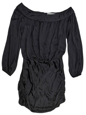Amanda Uprichard Black Satin Off-Shoulder Ruched Mini Dress